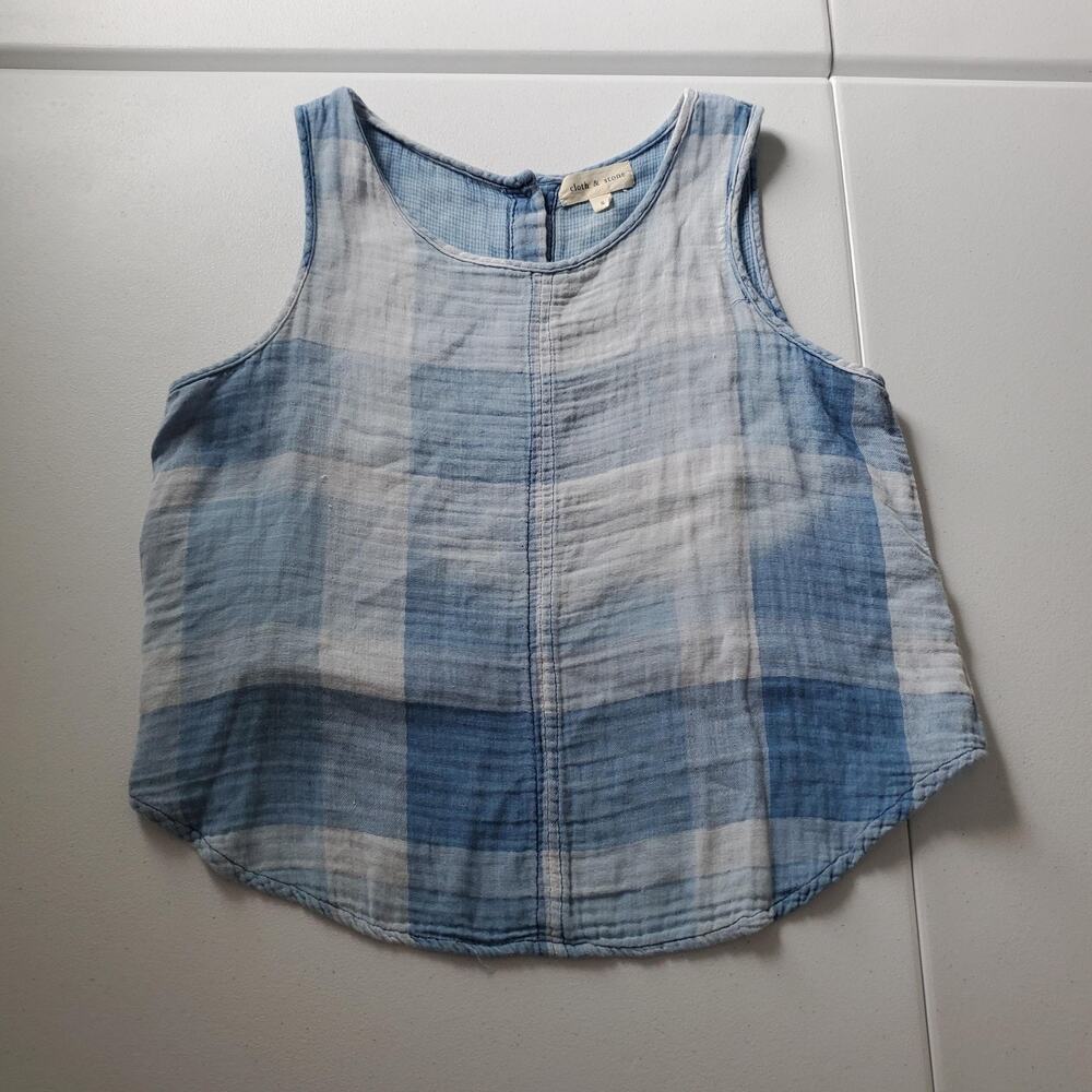 Cloth & Stone Tank Top Womens Small Blue Plaid Button Back Gauze Cropped
